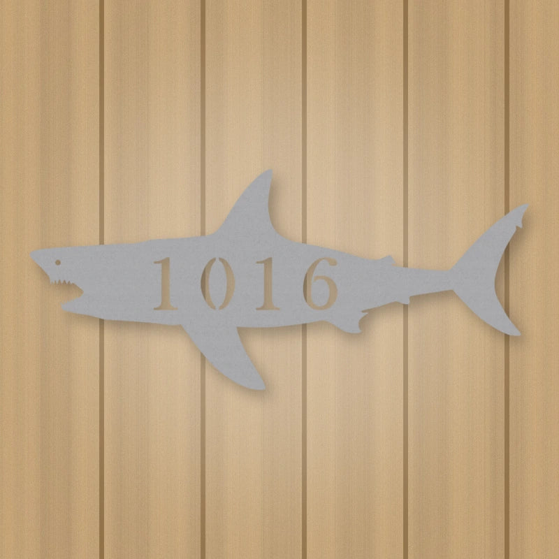Shark Address Metal Sign shown in Metallic Silver powder coat finish.