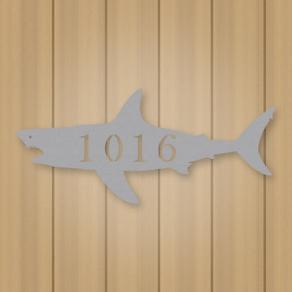 Shark Address Metal Sign shown in Metallic Silver powder coat finish.
