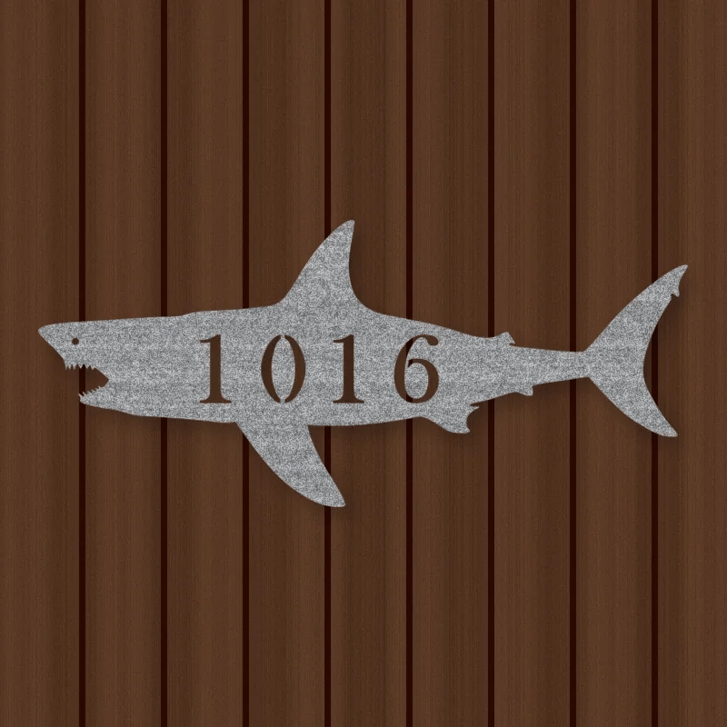 Shark Address Metal Sign Raw Steel / Rust animated finish preview Shopify Ready.