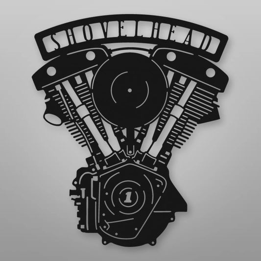 Shovelhead Engine Metal Garage Sign shown in Matte Black powder coat finish.