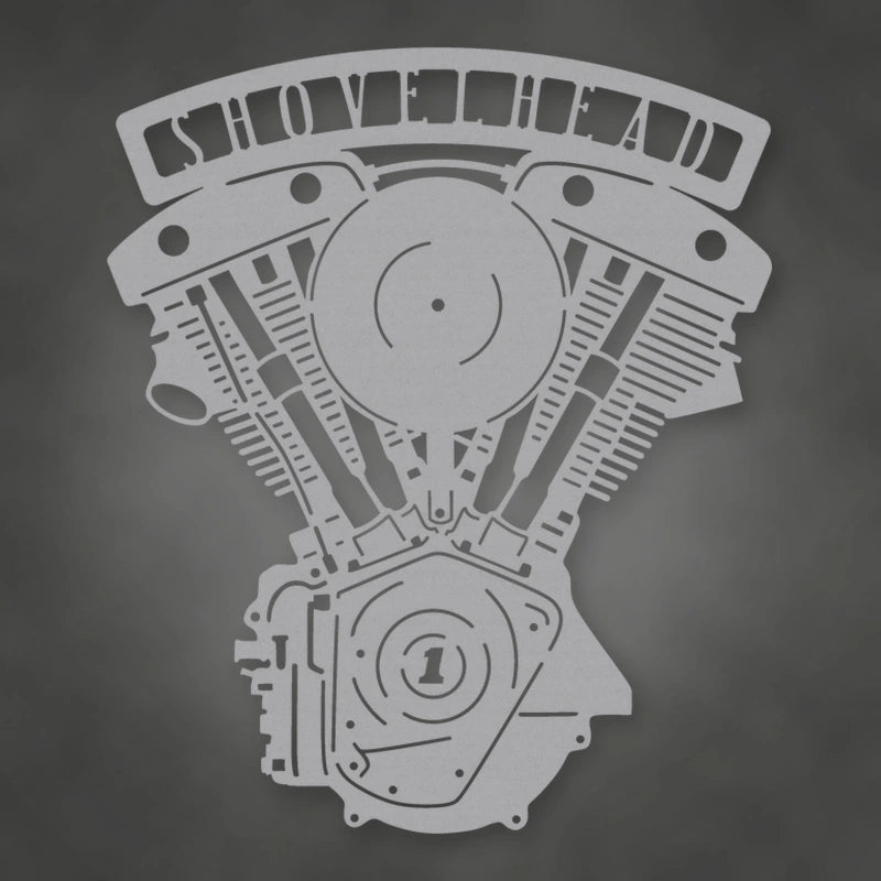 Shovelhead Engine Metal Garage Sign shown in Metallic Silver powder coat finish.