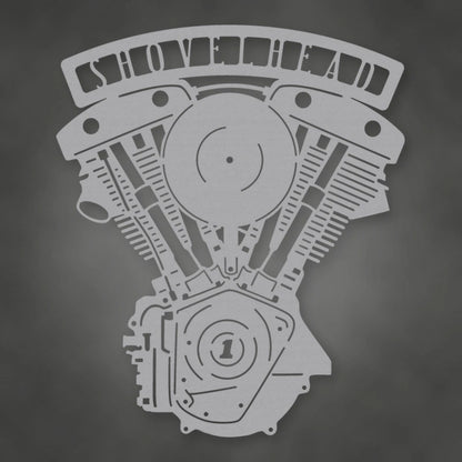 Shovelhead Engine Metal Garage Sign shown in Metallic Silver powder coat finish.