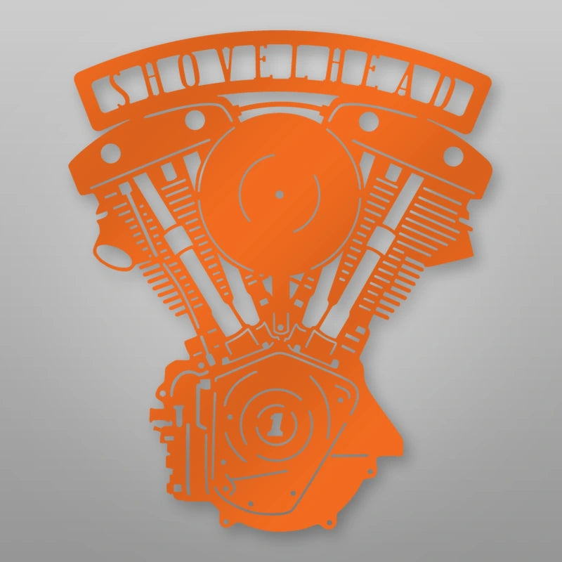 Shovelhead Engine Metal Garage Sign shown in Orange powder coat finish.