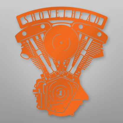 Shovelhead Engine Metal Garage Sign shown in Orange powder coat finish.