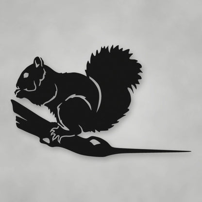 Squirrel Metal Tree Sign shown in Matte Black powder coat finish.