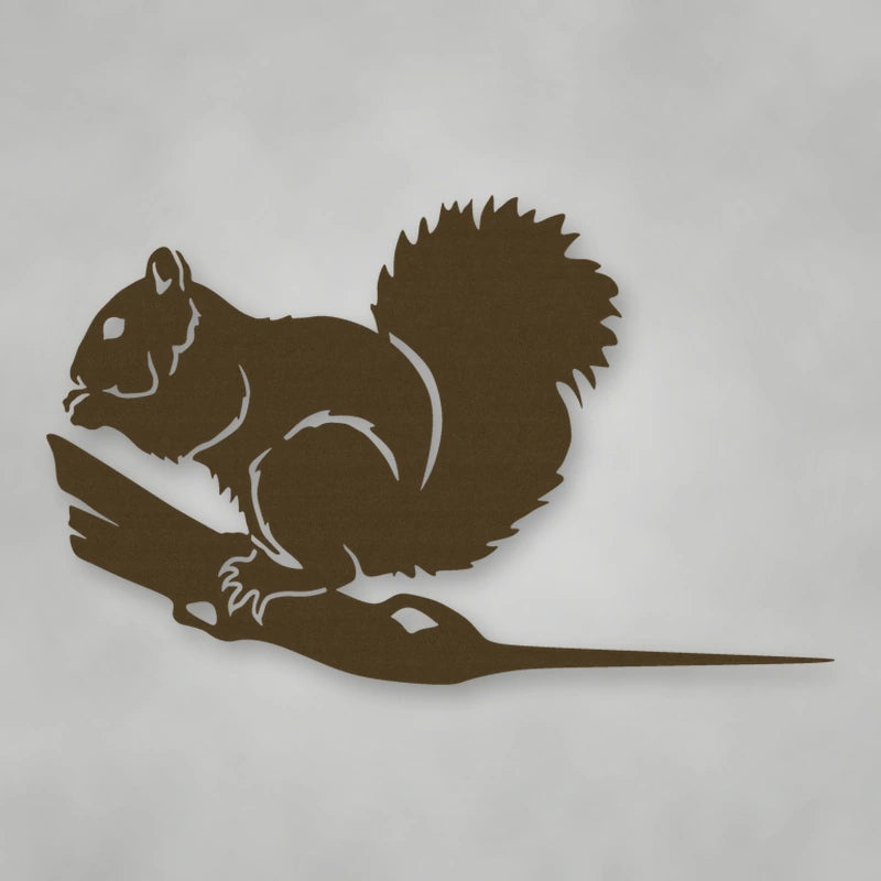 Squirrel Metal Tree Sign shown in Metallic Bronze powder coat finish.
