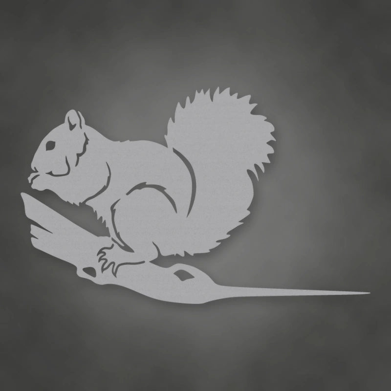 Squirrel Metal Tree Sign shown in Metallic Silver powder coat finish.