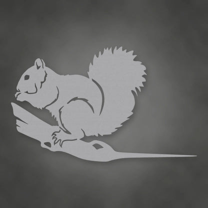 Squirrel Metal Tree Sign shown in Metallic Silver powder coat finish.