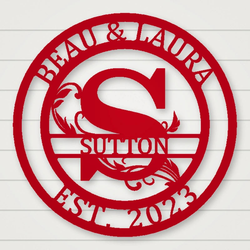 Round Scroll Monogram Metal Sign With Top Personalization And Est Date shown in Gloss Red powder coat finish.