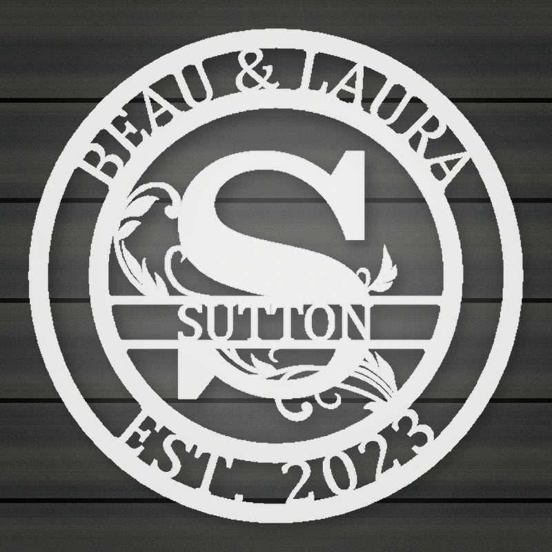 Round Scroll Monogram Metal Sign With Top Personalization And Est Date shown in Gloss White powder coat finish.