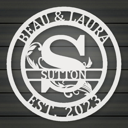 Round Scroll Monogram Metal Sign With Top Personalization And Est Date shown in Gloss White powder coat finish.