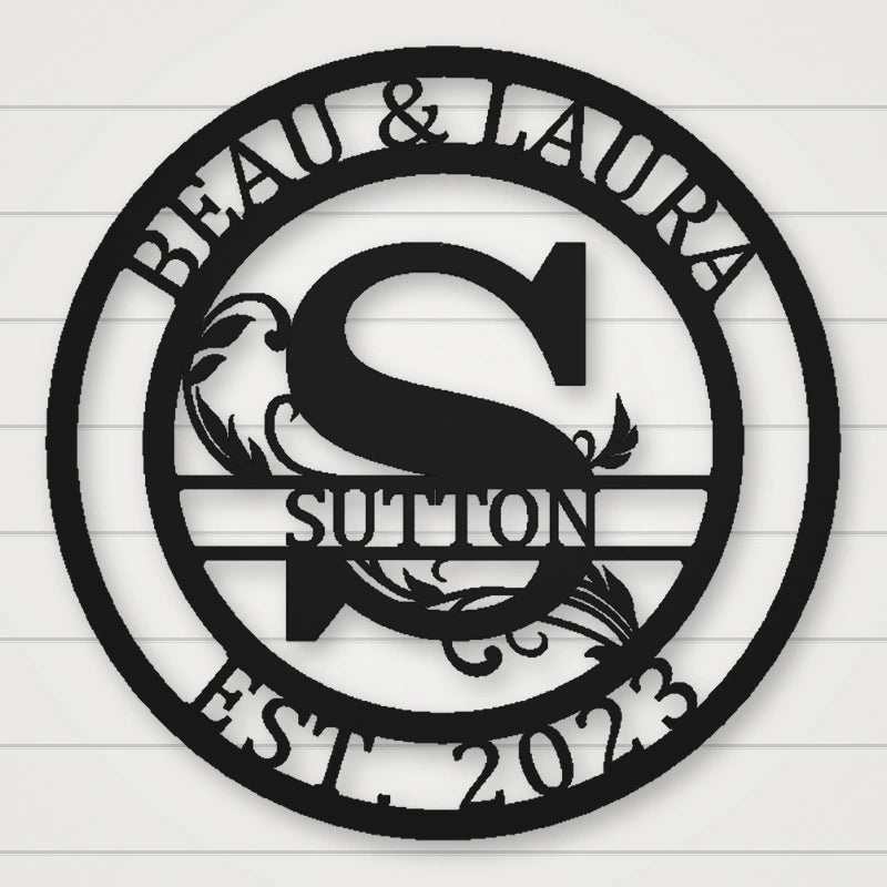 Round Scroll Monogram Metal Sign With Top Personalization And Est Date shown in Matte Black powder coat finish.