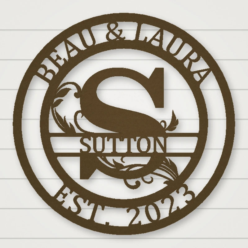 Round Scroll Monogram Metal Sign With Top Personalization And Est Date shown in Metallic Bronze powder coat finish.
