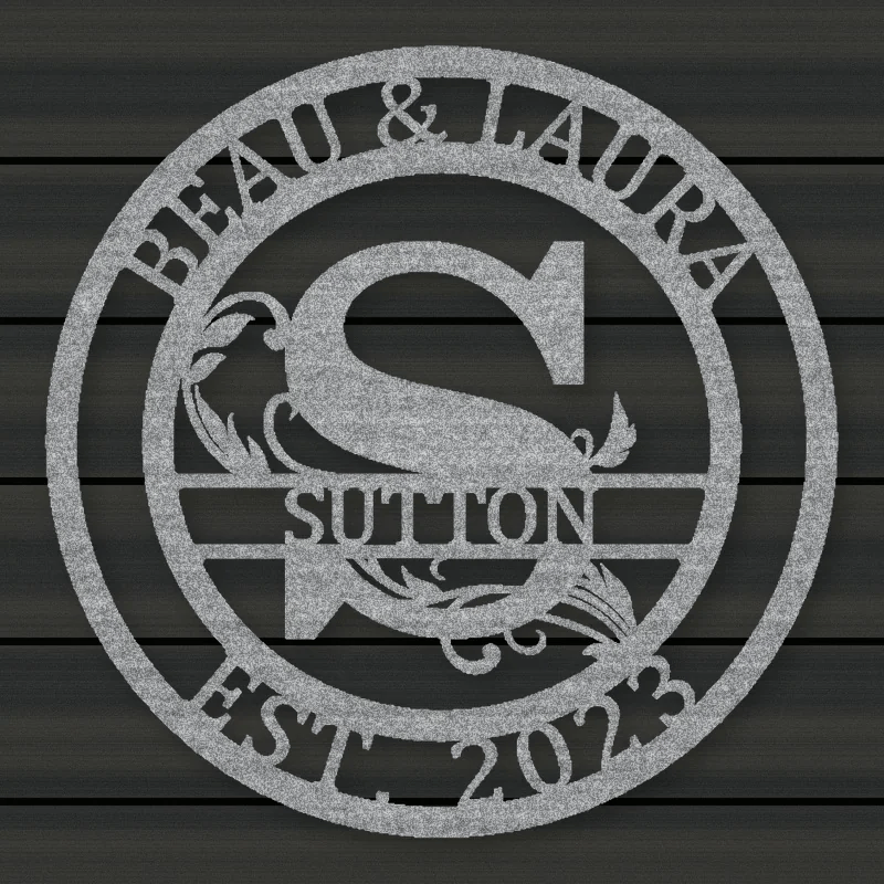 Round Scroll Monogram Metal Sign With Top Personalization And Est Date Raw Steel / Rust animated finish preview Shopify Ready