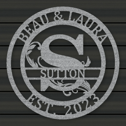 Round Scroll Monogram Metal Sign With Top Personalization And Est Date Raw Steel / Rust animated finish preview Shopify Ready