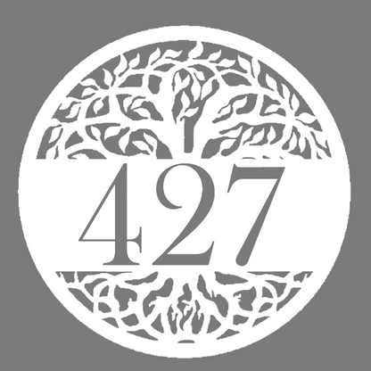 Tree of Life Metal Address Sign white with 427 personalization on gray background