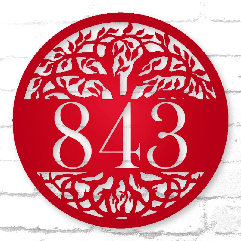 Personalized Tree Of Life Round Metal Address Sign shown in Gloss Red powder coat finish.