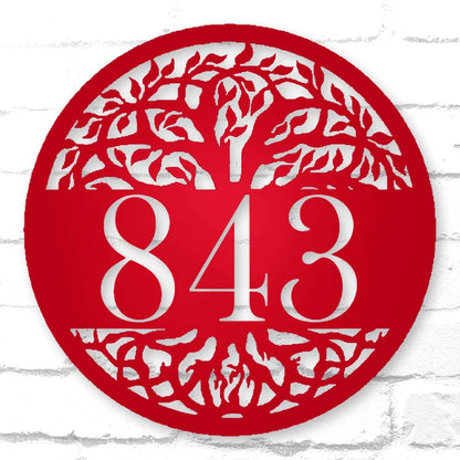 Personalized Tree Of Life Round Metal Address Sign shown in Gloss Red powder coat finish.