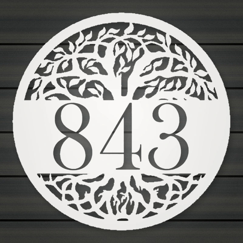 Personalized Tree Of Life Round Metal Address Sign shown in Gloss White powder coat finish.