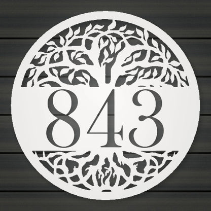 Personalized Tree Of Life Round Metal Address Sign shown in Gloss White powder coat finish.