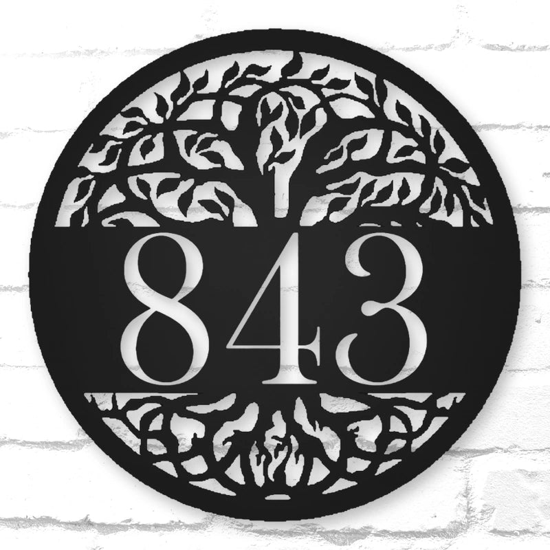 Personalized Tree Of Life Round Metal Address Sign shown in Matte Black powder coat finish.