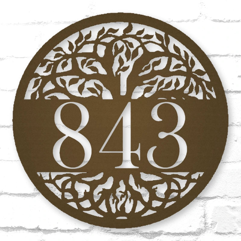 Personalized Tree Of Life Round Metal Address Sign shown in Metallic Bronze powder coat finish.