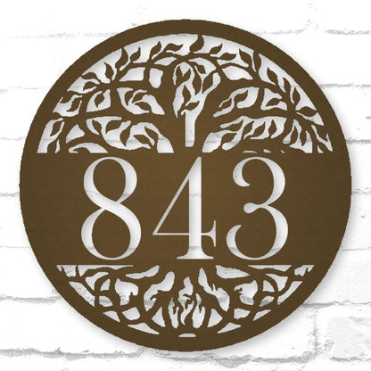 Personalized Tree Of Life Round Metal Address Sign shown in Metallic Bronze powder coat finish.