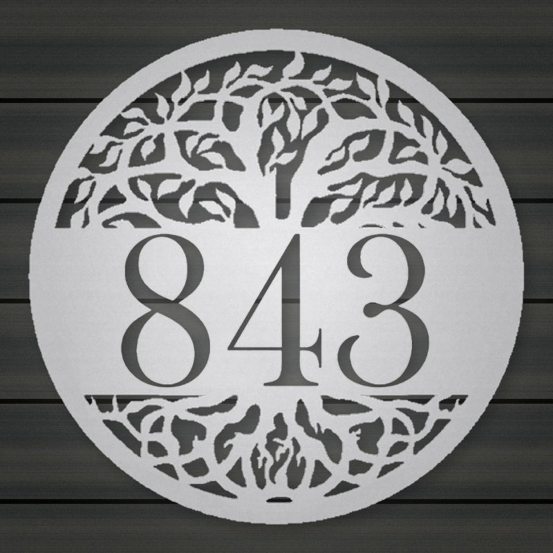 Personalized Tree Of Life Round Metal Address Sign shown in Metallic Silver powder coat finish.