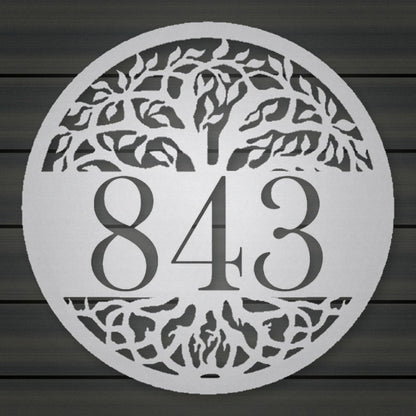 Personalized Tree Of Life Round Metal Address Sign shown in Metallic Silver powder coat finish.
