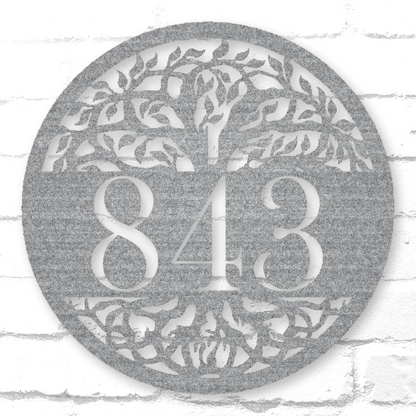 Personalized Tree Of Life Round Metal Address Sign Raw Steel / Rust animated finish preview Shopify Ready.