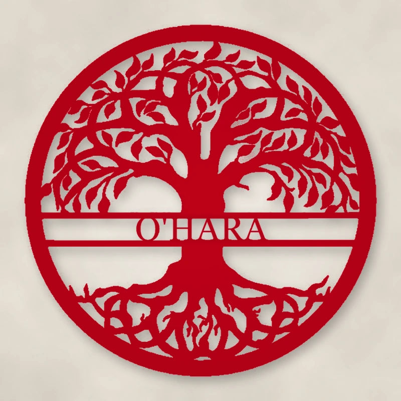 Tree Of Life With Personalized Name Metal Sign shown in Gloss Red powder coat finish.