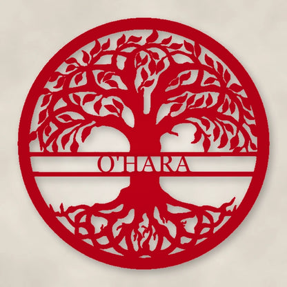 Tree Of Life With Personalized Name Metal Sign shown in Gloss Red powder coat finish.