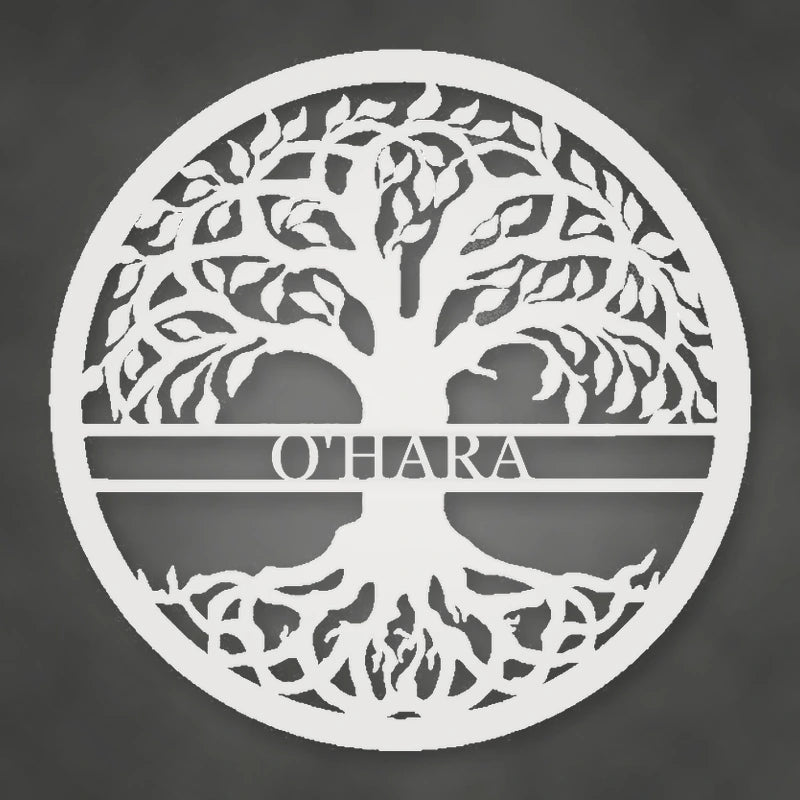 Tree Of Life With Personalized Name Metal Sign shown in Gloss White powder coat finish.
