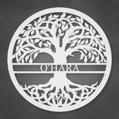 Tree Of Life With Personalized Name Metal Sign shown in Gloss White powder coat finish.
