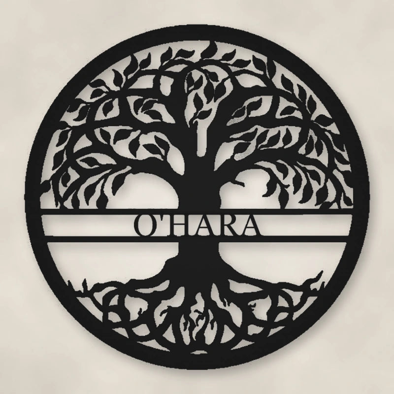 Tree Of Life With Personalized Name Metal Sign shown in Matte Black powder coat finish.