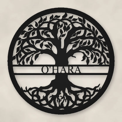Tree Of Life With Personalized Name Metal Sign shown in Matte Black powder coat finish.