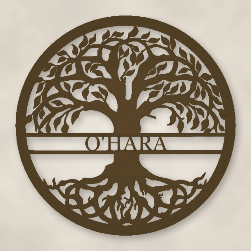Tree Of Life With Personalized Name Metal Sign shown in Metallic Bronze powder coat finish.