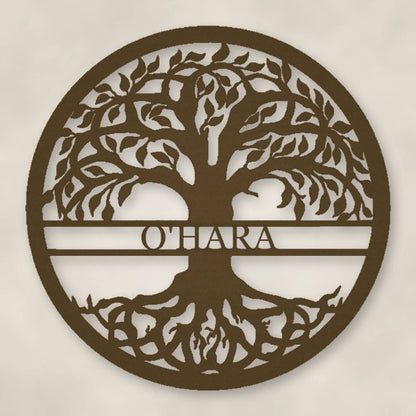 Tree Of Life With Personalized Name Metal Sign shown in Metallic Bronze powder coat finish.