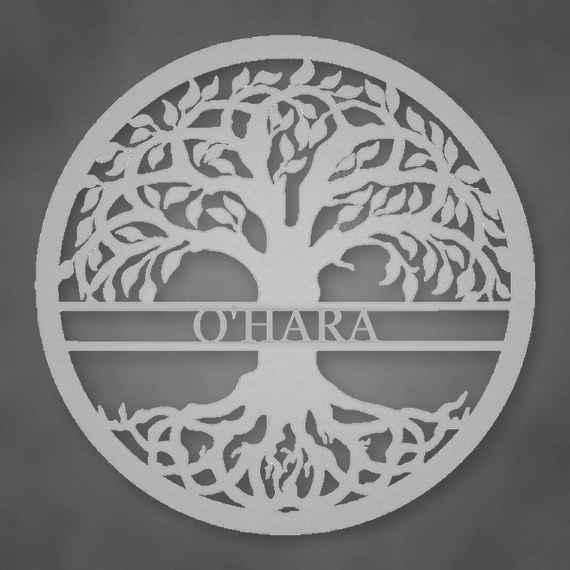 Tree Of Life With Personalized Name Metal Sign shown in Metallic Silver powder coat finish.