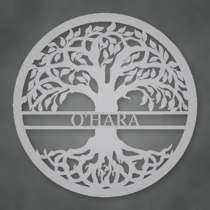 Tree Of Life With Personalized Name Metal Sign shown in Metallic Silver powder coat finish.