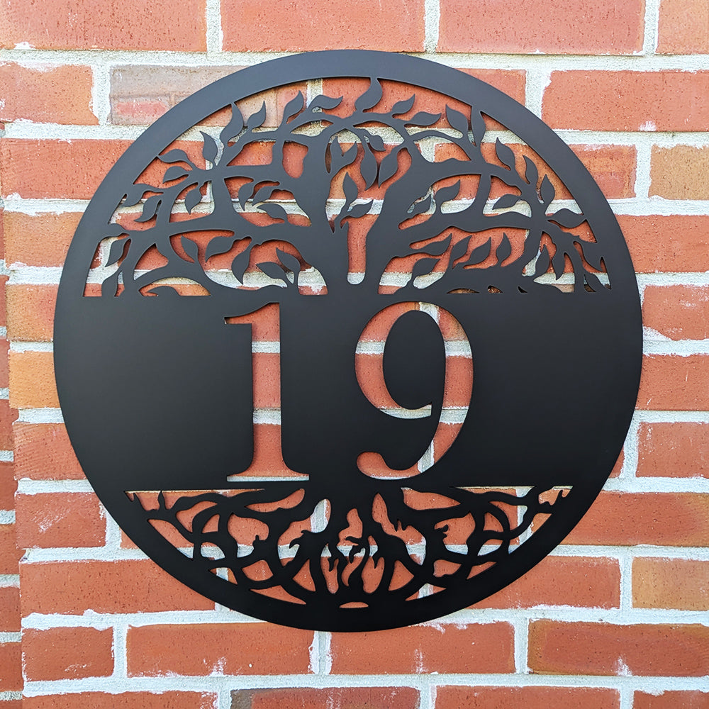 Tree of Life Metal Address Sign black with 19 personalization on brick background