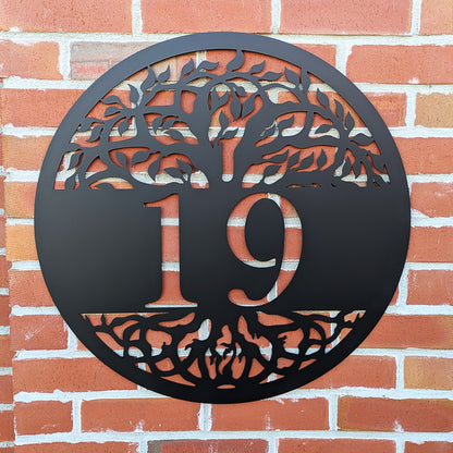 Tree of Life Metal Address Sign black with 19 personalization on brick background