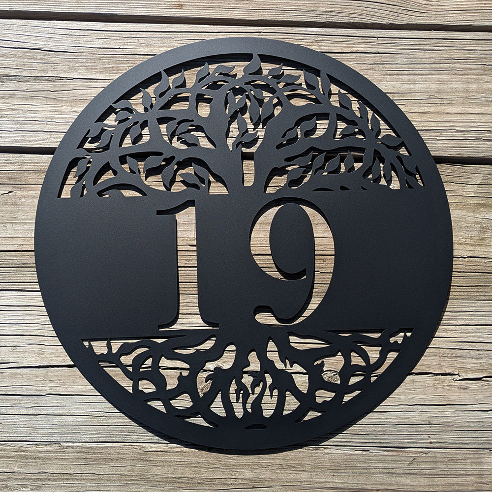 Tree of Life Metal Address Sign in black with 19 personalization on wood background