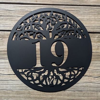 Tree of Life Metal Address Sign in black with 19 personalization on wood background