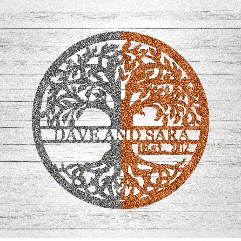 Tree of Life with EST shown in Raw/Rust no coating option with DAVE AND SARA 2012 personalization