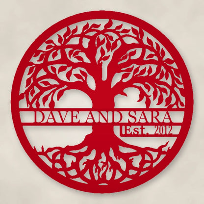 Tree Of Life With Established Date Personalized Name Metal Sign shown in Gloss Red powder coat finish.