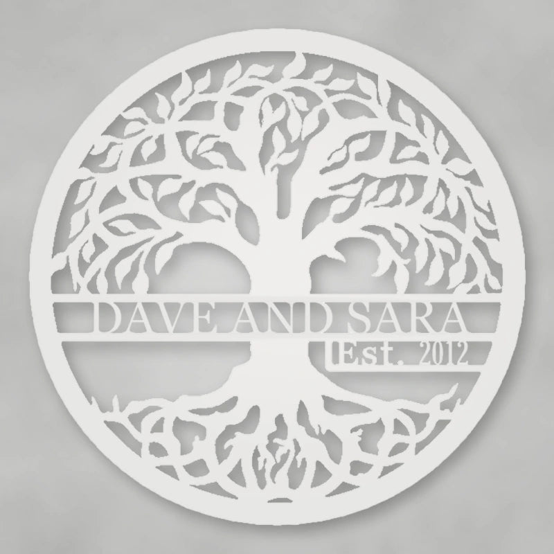 Tree Of Life With Established Date Personalized Name Metal Sign shown in Gloss White powder coat finish.