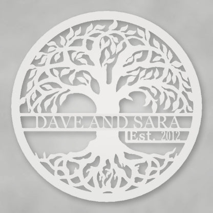 Tree Of Life With Established Date Personalized Name Metal Sign shown in Gloss White powder coat finish.