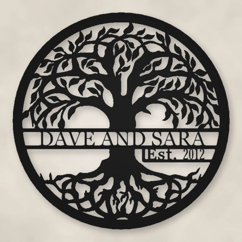 Tree Of Life With Established Date Personalized Name Metal Sign shown in Matte Black powder coat finish.