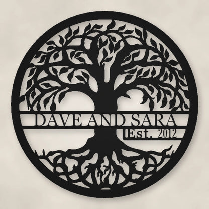 Tree Of Life With Established Date Personalized Name Metal Sign shown in Matte Black powder coat finish.